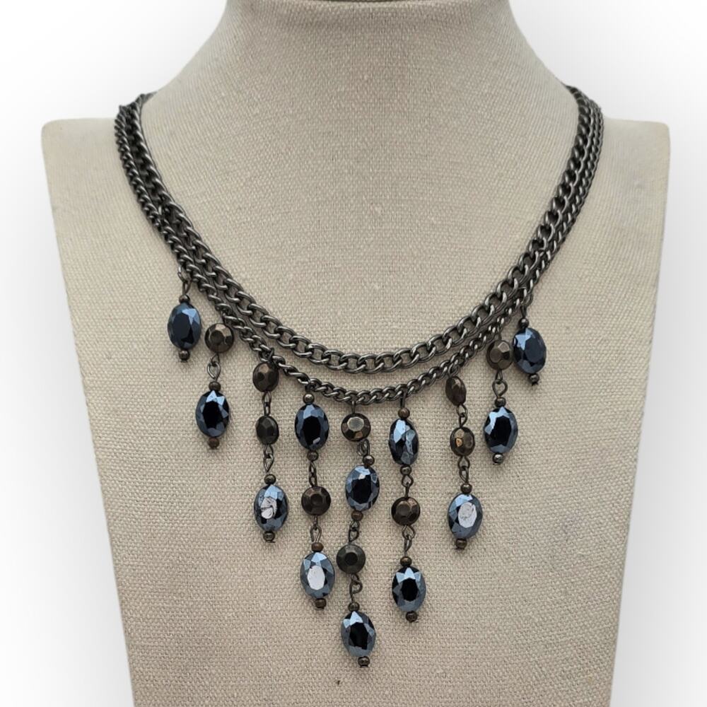 Midnight Blue Crystal Drop Statement Necklace Dark Silver Dark Romantic Gothic